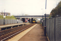 
Hawthorns Station with train and tram, Birmingham, April 2002